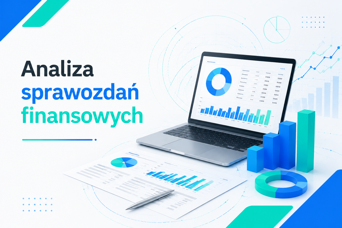 Nowoczesna grafika e-learningowa z tytułem 'Analiza sprawozdań finansowych', z laptopem pokazującym wykresy i raporty finansowe