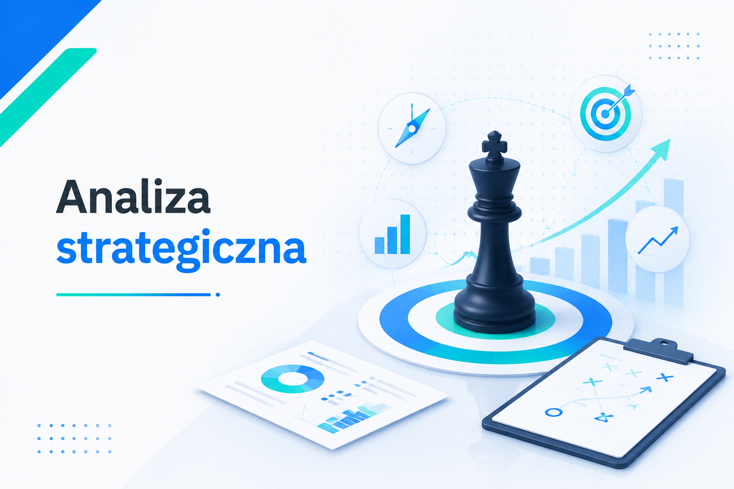 Nowoczesna grafika e-learningowa przedstawiająca tytuł 'Analiza strategiczna', z figurą szachową symbolizującą strategię, laptopem i dokumentami z wykresami oraz ikonami planowania.