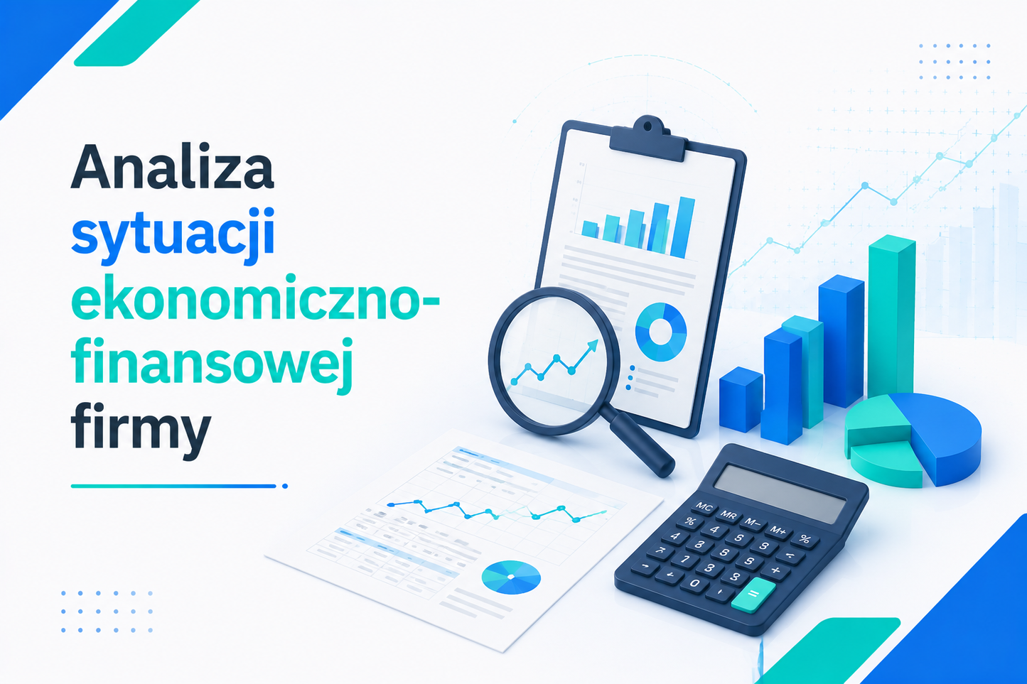Nowoczesna grafika e-learningowa przedstawiająca tytuł 'Analiza sytuacji ekonomiczno-finansowej firmy', z kalkulatorem, dokumentami i wykresami słupkowymi oraz kołowymi, utrzymana w odcieniach niebieskiego i seledynu.