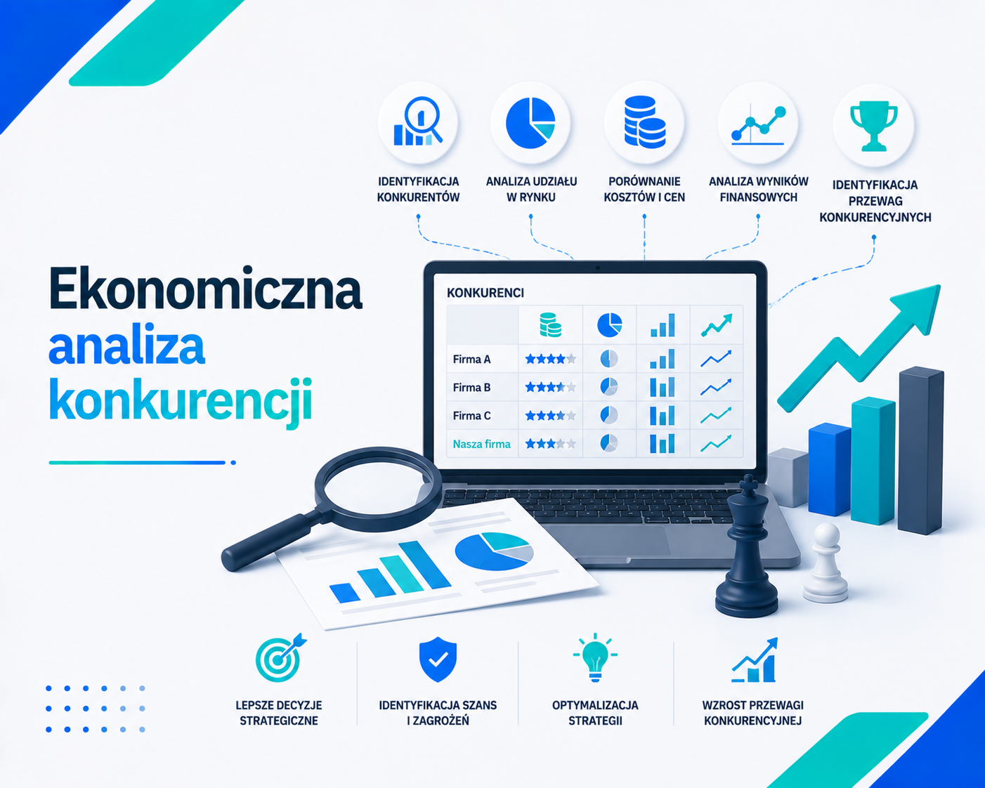 Nowoczesna grafika edukacyjna 'Ekonomiczna analiza konkurencji', z laptopem wyświetlającym porównanie konkurentów, dokumenty z wykresami, ikonami identyfikacji konkurencji, analizy udziału w rynku, kosztów i cen, analizy wyników finansowych oraz figury szachowe symbolizujące przewagę strategiczną, utrzymana w technologicznej estetyce z akcentami niebieskiego i seledynu.