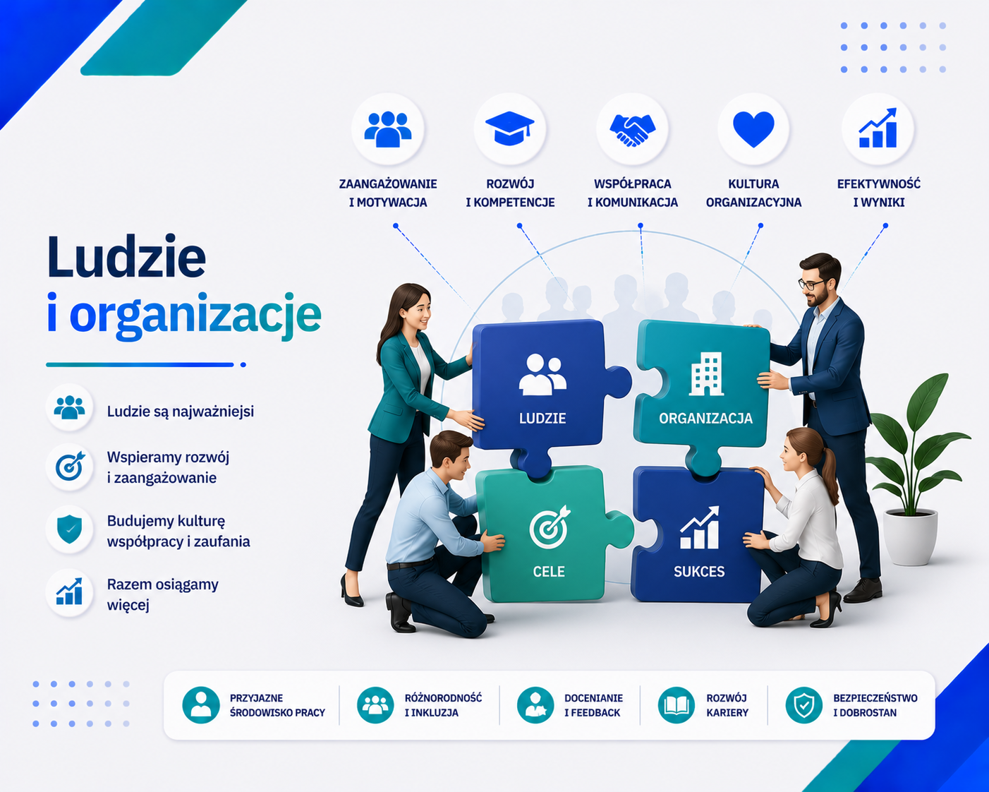 Grafika e-learningowa przedstawiająca tytuł 'Ludzie i organizacje', z czterema postaciami 3D układającymi puzzle symbolizujące ludzi, organizację, cele i sukces, ikonami kluczowych aspektów: zaangażowanie i motywacja, rozwój i kompetencje, współpraca i komunikacja, kultura organizacyjna, efektywność i wyniki, z notatnikiem i elementami wizualnymi wspierającymi rozwój i integrację zespołu.