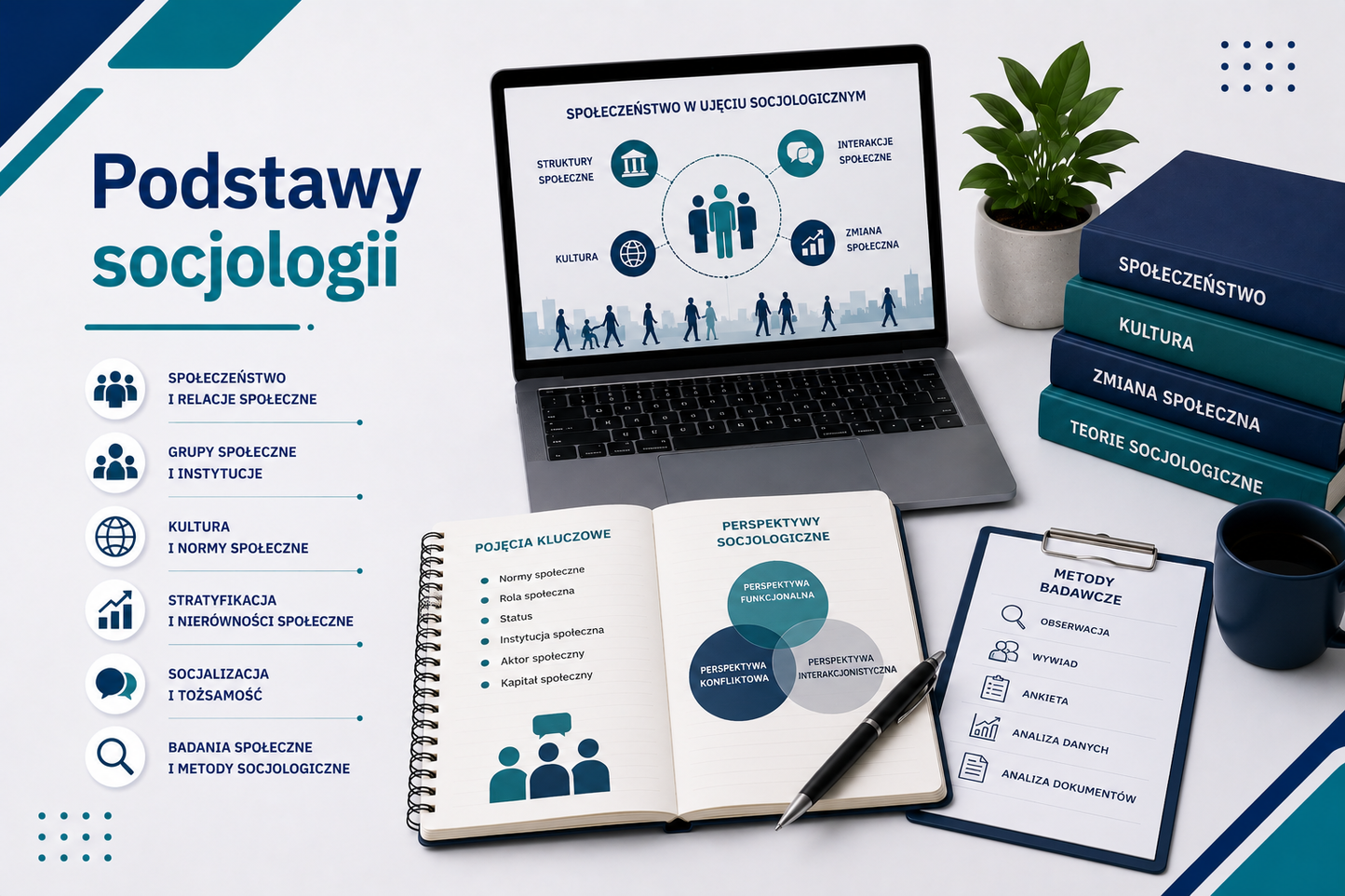 Grafika edukacyjna przedstawiająca tytuł 'Podstawy socjologii', z laptopem wyświetlającym schematy społeczne i interakcje, globem, książkami 'Społeczeństwo', 'Kultura', 'Zmiana społeczna', notatnikiem z pojęciami socjologicznymi: normy społeczne, role, status, aktor społeczny, kapitał społeczny, ikonami kluczowych metod badawczych: obserwacja, wywiad, ankieta, analiza danych i dokumentów, minimalistyczny profesjonalny styl z akcentami niebieskiego i seledynu.