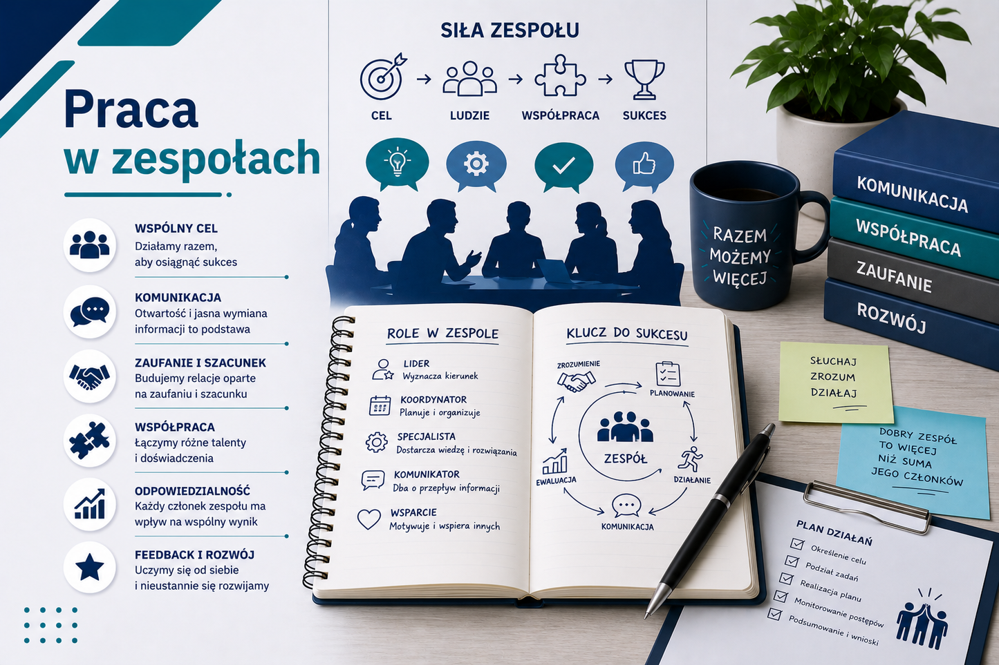 Grafika edukacyjna przedstawiająca tytuł 'Praca w zespołach', z laptopem i notatnikiem pokazującymi role w zespole: lider, koordynator, specjalista, komunikator, wsparcie, wykresy i diagramy pokazujące cele, współpracę i sukces zespołu, ikonami: cel, ludzie, współpraca, sukces, żetony post-it z zasadami: słuchaj, zrozum, działaj, profesjonalny minimalistyczny styl, kolorystyka niebiesko-seledynowa.