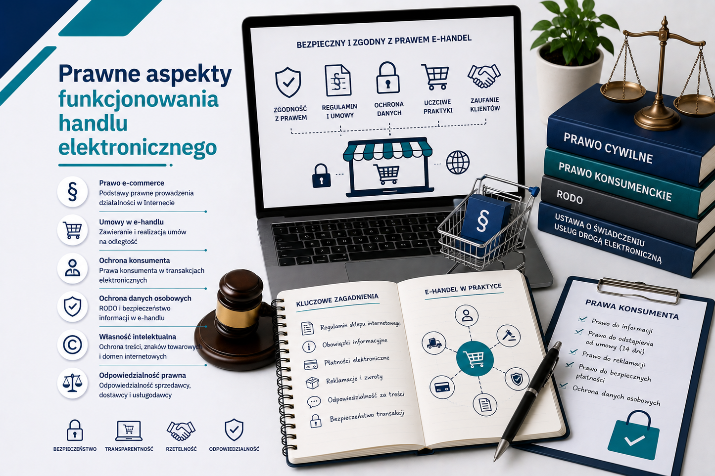Grafika edukacyjna przedstawiająca tytuł 'Prawne aspekty funkcjonowania handlu elektronicznego', z laptopem wyświetlającym zasady bezpiecznego e-handlu, notatnikiem z listą kluczowych zagadnień: regulamin sklepu, obowiązki informacyjne, płatności elektroniczne, reklamacje i zwroty, odpowiedzialność za treści, oraz ikonami: zgodność z prawem, ochrona danych, uczciwe praktyki i zaufanie klientów, obok stos książek prawniczych i młotek sędziowski, minimalistyczny profesjonalny styl z akcentami niebieskiego i s