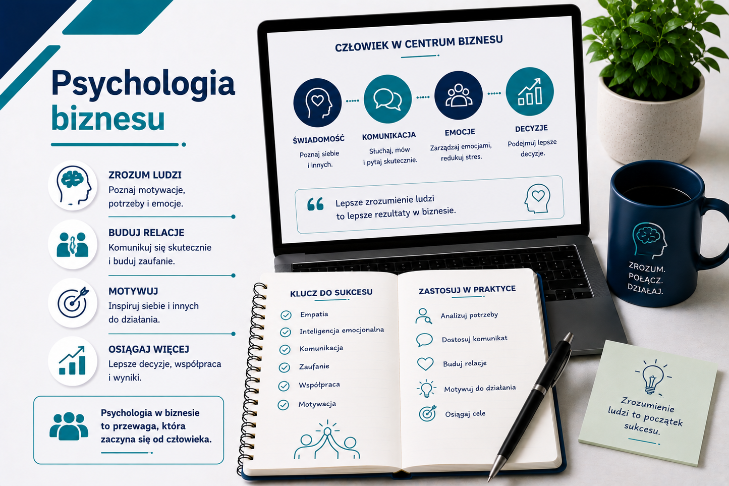 Grafika edukacyjna przedstawiająca tytuł 'Psychologia biznesu', z laptopem pokazującym cztery kluczowe obszary: świadomość, komunikacja, emocje i decyzje, notatnikiem z listą kluczowych umiejętności: empatia, inteligencja emocjonalna, komunikacja, zaufanie, współpraca, motywacja, kubkiem z napisem 'Zrozum. Połącz. Działaj.' oraz rośliną biurową, minimalistyczny profesjonalny styl, kolorystyka niebiesko-seledynowa.