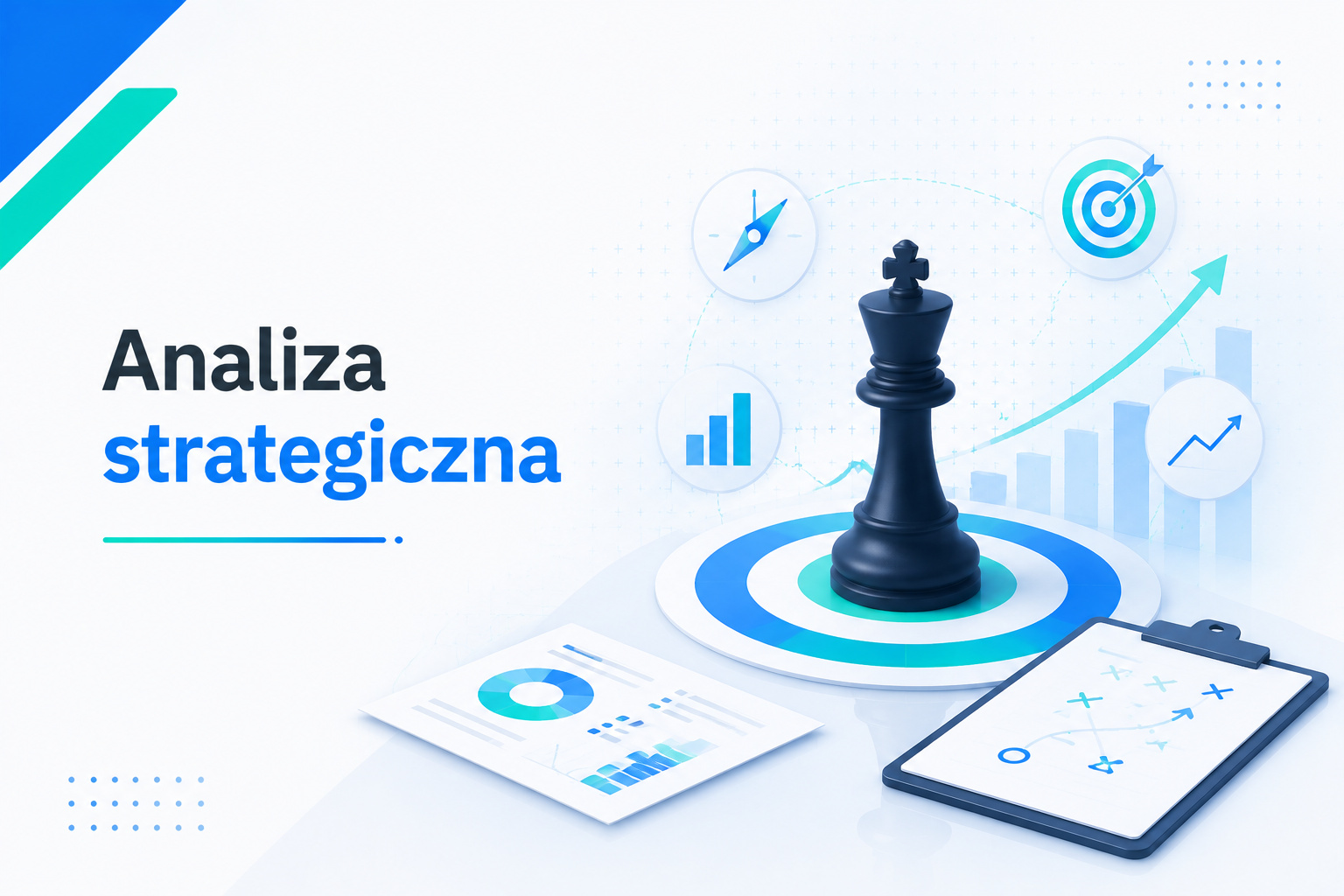 Nowoczesna grafika e-learningowa przedstawiająca tytuł 'Analiza strategiczna', z figurą szachową symbolizującą strategię, laptopem i dokumentami z wykresami oraz ikonami planowania.