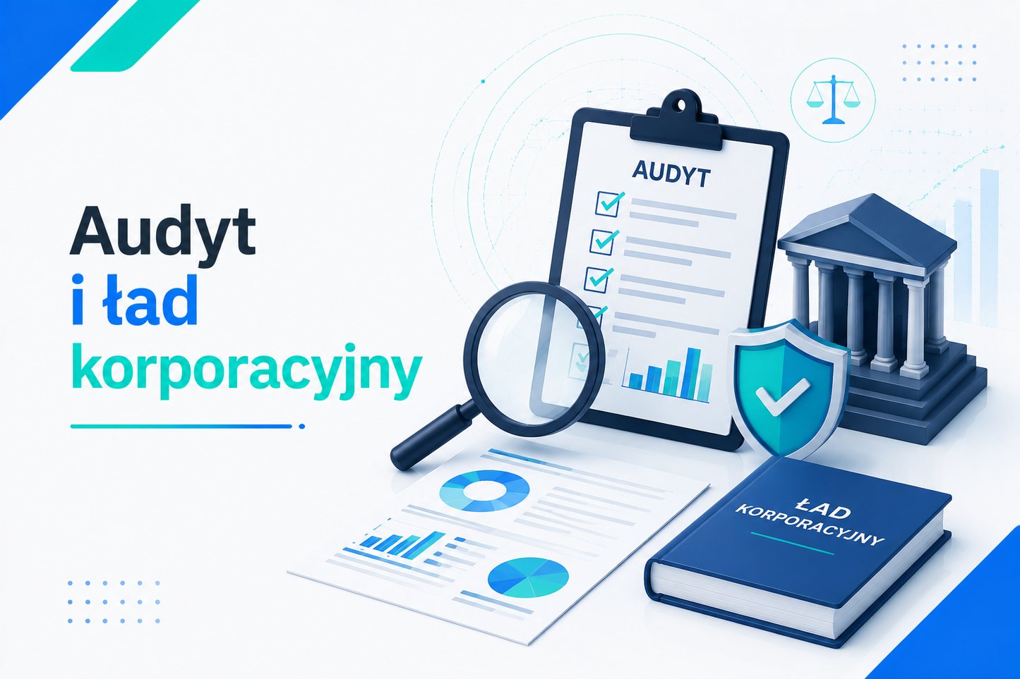 Nowoczesna grafika e-learningowa przedstawiająca tytuł 'Audyt i ład korporacyjny', z książką, dokumentami, lupą, ikoną sądu i tarczą z symbolem check.