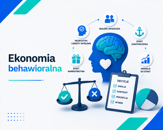 Nowoczesna grafika edukacyjna 'Ekonomia behawioralna', z sylwetką ludzkiej głowy i mózgiem, ikonami symbolizującymi decyzje, wagą wyboru, dokumentem z decyzjami, a także ilustracjami efektu zakotwiczenia, awersji do strat, białosci społecznej, heurystyk i efektu namiestnictwa, utrzymana w profesjonalnej estetyce z akcentami niebieskiego i seledynu.