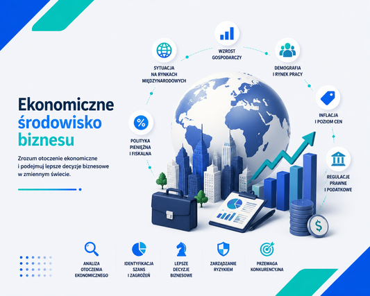 Nowoczesna grafika edukacyjna 'Ekonomiczne środowisko biznesu', z globem pokazującym różne regiony świata, centralną panoramą miasta, wykresami słupkowymi i ikonami reprezentującymi czynniki ekonomiczne, takie jak wzrost gospodarczy, demografia, inflacja, polityka pieniężna i fiskalna, regulacje prawne i podatkowe, a także teczką biznesową i dokumentami analitycznymi, utrzymana w profesjonalnej estetyce z akcentami niebieskiego i seledynu.