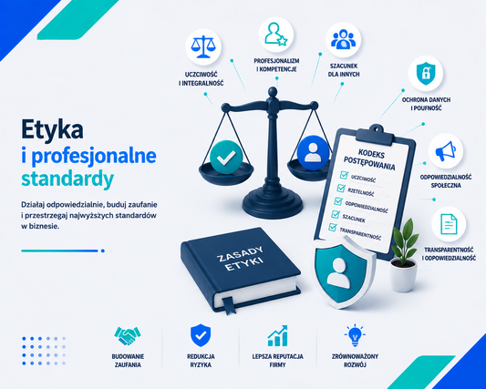 Nowoczesna grafika edukacyjna 'Etyka i profesjonalne standardy', z centralną wagą symbolizującą równowagę wartości etycznych, ikonami profesjonalizmu, uczciwości, szacunku i ochrony danych, dokumentem kodeksu postępowania, książką zasad etyki i tarczą bezpieczeństwa, utrzymana w minimalistycznym, profesjonalnym stylu z akcentami niebieskiego i seledynu, bez obecności ludzkich rąk.