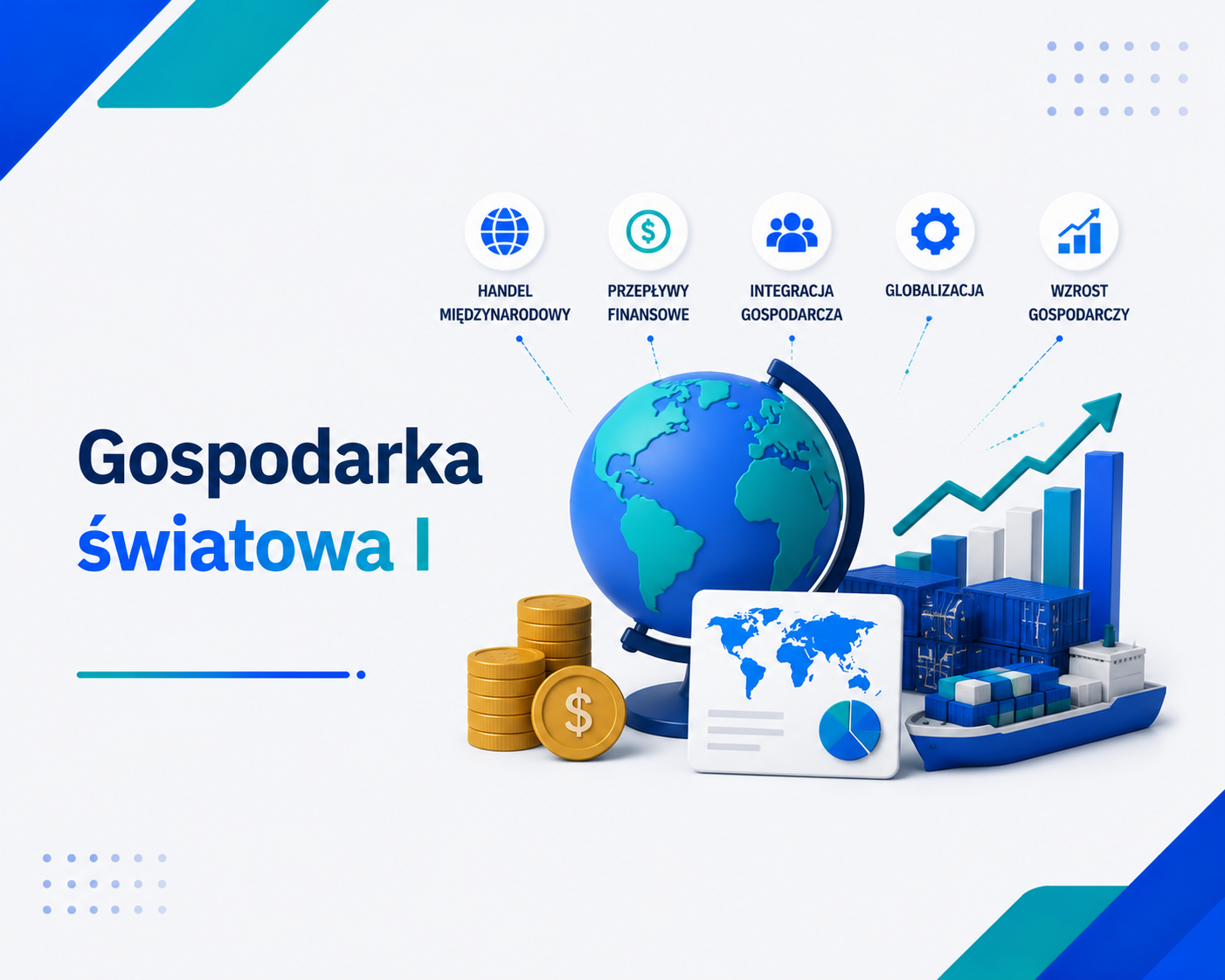 Grafika e-learningowa przedstawiająca tytuł 'Gospodarka światowa I', z globem, statkiem kontenerowym, wykresami słupkowymi, monetami i ikonami przedstawiającymi handel międzynarodowy, przepływy finansowe, integrację gospodarczą, globalizację i wzrost gospodarczy.