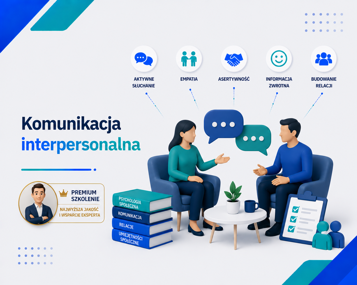 Grafika e-learningowa przedstawiająca tytuł 'Komunikacja interpersonalna', z dwiema postaciami siedzącymi w fotelach, ikonami kluczowych umiejętności: aktywne słuchanie, empatia, asertywność, informacja zwrotna i budowanie relacji, książkami z nazwami dziedzin: psychologia społeczna, komunikacja, relacje, umiejętności społeczne oraz znacznikiem 'Premium szkolenie' z awatarem eksperta.