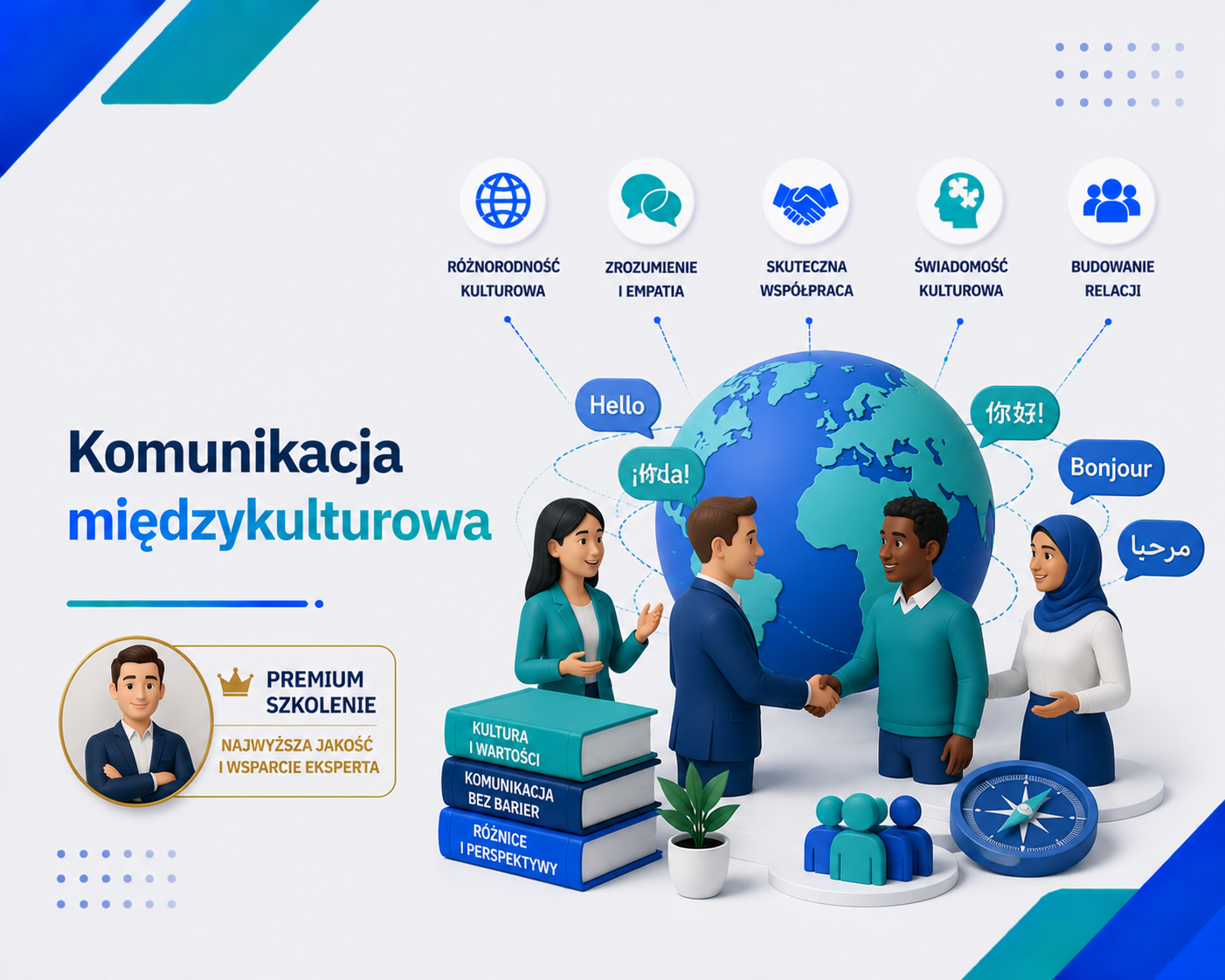 Grafika e-learningowa przedstawiająca tytuł 'Komunikacja międzykulturowa', z 3D globem, postaciami symbolizującymi różne kultury prowadzącymi dialog, ikonami kluczowych umiejętności: różnorodność kulturowa, zrozumienie i empatia, skuteczna współpraca, świadomość kulturowa i budowanie relacji, książkami oznaczonymi 'Kultura i wartości', 'Komunikacja bez barier', 'Różnice i perspektywy', a także znacznikiem 'Premium szkolenie' z awatarem eksperta.