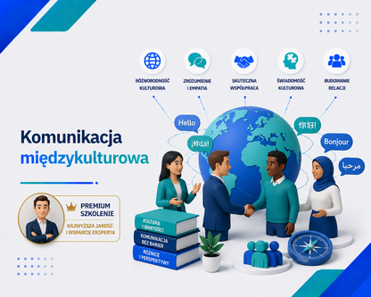 Grafika e-learningowa przedstawiająca tytuł 'Komunikacja międzykulturowa', z 3D globem, postaciami symbolizującymi różne kultury prowadzącymi dialog, ikonami kluczowych umiejętności: różnorodność kulturowa, zrozumienie i empatia, skuteczna współpraca, świadomość kulturowa i budowanie relacji, książkami oznaczonymi 'Kultura i wartości', 'Komunikacja bez barier', 'Różnice i perspektywy', a także znacznikiem 'Premium szkolenie' z awatarem eksperta.