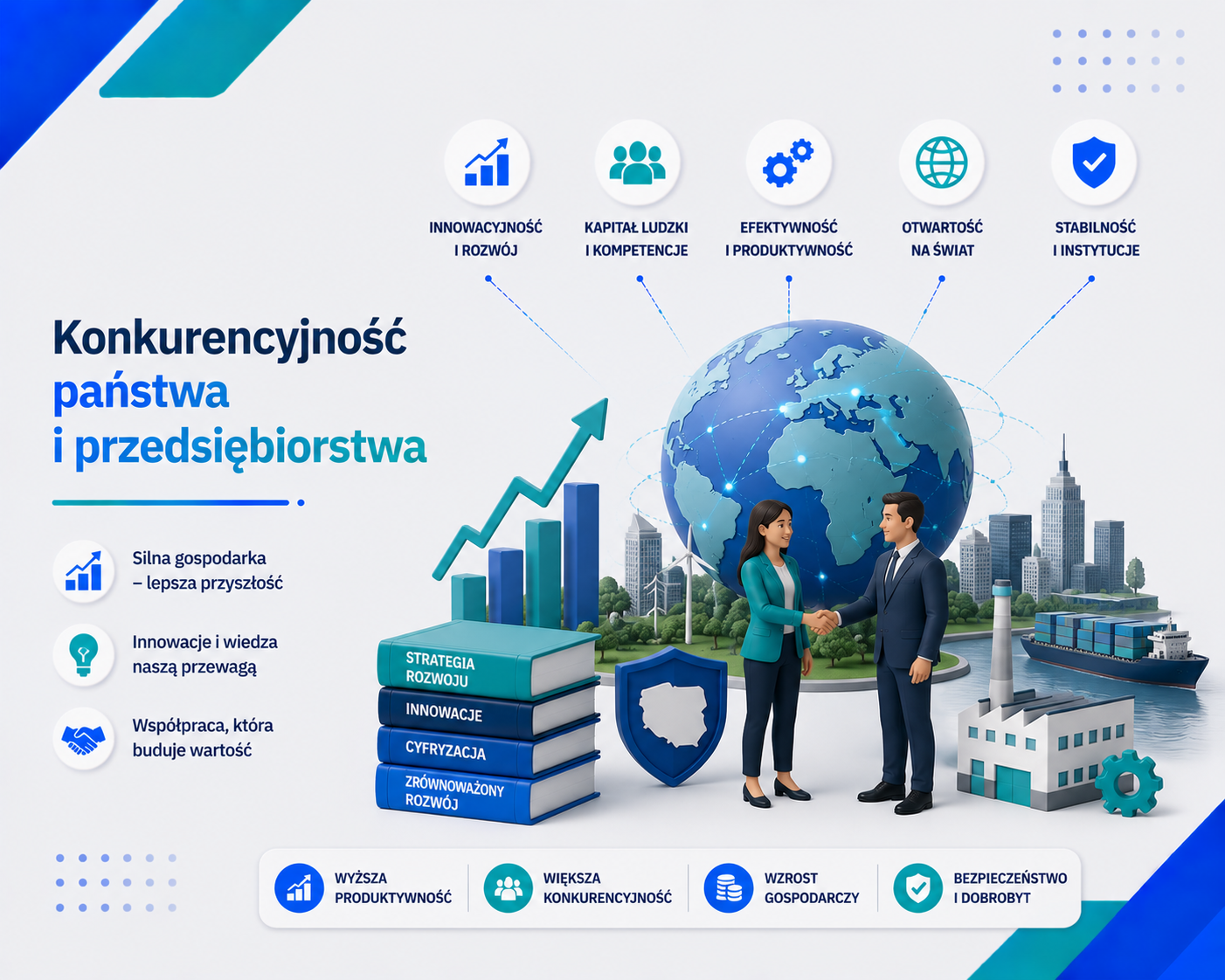 Grafika e-learningowa przedstawiająca tytuł 'Konkurencyjność państwa i przedsiębiorstwa', z 3D globem, skyline miasta, fabryką, statkiem kontenerowym, ikonami kluczowych czynników: innowacyjność i rozwój, kapitał ludzki i kompetencje, efektywność i produktywność, otwartość na świat, stabilność i instytucje, a także książkami oznaczonymi 'Strategia rozwoju', 'Innowacje', 'Cyfryzacja', 'Zrównoważony rozwój'.
