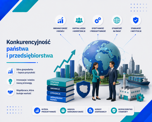 Grafika e-learningowa przedstawiająca tytuł 'Konkurencyjność państwa i przedsiębiorstwa', z 3D globem, skyline miasta, fabryką, statkiem kontenerowym, ikonami kluczowych czynników: innowacyjność i rozwój, kapitał ludzki i kompetencje, efektywność i produktywność, otwartość na świat, stabilność i instytucje, a także książkami oznaczonymi 'Strategia rozwoju', 'Innowacje', 'Cyfryzacja', 'Zrównoważony rozwój'.