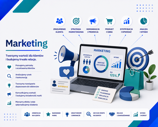 Grafika e-learningowa przedstawiająca tytuł 'Marketing', z laptopem wyświetlającym segmentację klientów, wartości dla klienta i wyniki, megafonem symbolizującym komunikację, koszykiem zakupowym, tarczą celowniczą i ikonami kluczowych elementów: zrozumienie klienta, strategia marketingowa, komunikacja i promocja, produkt i cena, dystrybucja i sprzedaż, analiza i wyniki; dodatkowo lista działań: badanie, planowanie, realizacja i ewaluacja.