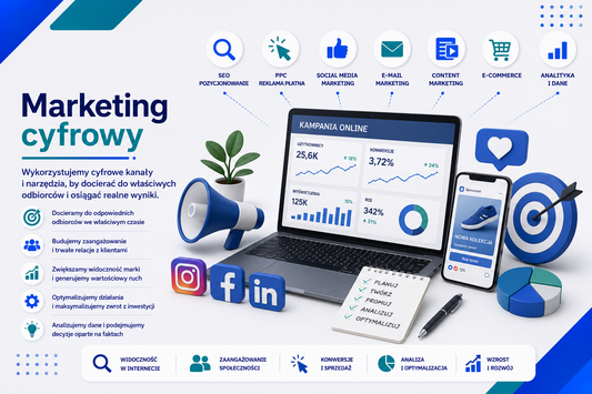 Grafika e-learningowa przedstawiająca tytuł 'Marketing cyfrowy', z laptopem pokazującym dane o użytkownikach, konwersjach i źródłach ruchu, smartfonem z postem reklamowym, tarczą celowniczą, ikonami SEO, PPC, Social Media, e-mail marketing, content marketing, e-commerce i analityki, oraz listą działań: planowanie, tworzenie, promocja, analiza, optymalizacja.