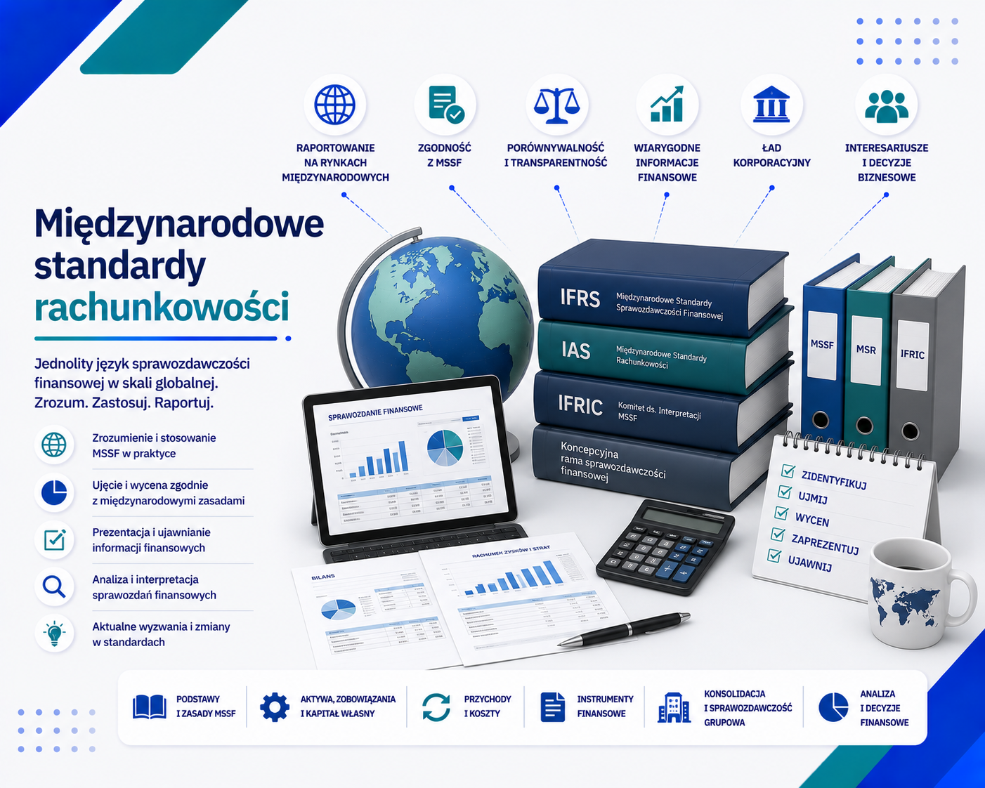 Grafika e-learningowa przedstawiająca tytuł 'Międzynarodowe standardy rachunkowości', z laptopem wyświetlającym sprawozdania finansowe, księgami IFRS, IAS i IFRIC, segregatorami MSSF, MSR i IFRIC, ikonami kluczowych zagadnień: raportowanie międzynarodowe, zgodność z MSSF, porównywalność i transparentność, wiarygodne informacje finansowe, ład korporacyjny, interesariusze i decyzje biznesowe.