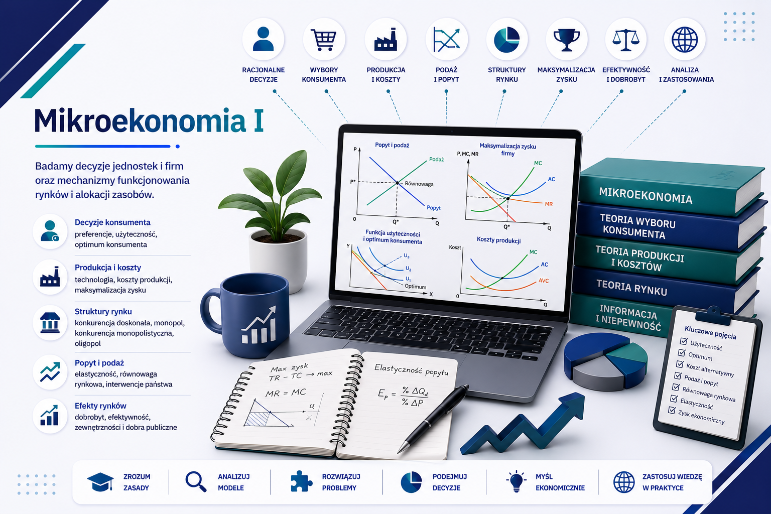 Grafika e-learningowa przedstawiająca tytuł 'Mikroekonomia I', z laptopem wyświetlającym równowagę rynkową, funkcję użyteczności i koszty produkcji, notatnikiem z obliczeniami elastyczności i maksymalizacji zysku, kalkulatorem, ikonami konsumenta, produkcji, kosztów, struktur rynkowych i analizy, książkami: 'Mikroekonomia', 'Teoria wyboru konsumenta', 'Teoria produkcji i kosztów', 'Teoria rynku', 'Informacja i niepewność' oraz ikonami kluczowych działań: analiza modeli, podejmowanie decyzji, rozwiązywanie p