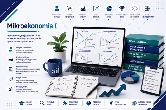 Grafika e-learningowa przedstawiająca tytuł 'Mikroekonomia I', z laptopem wyświetlającym równowagę rynkową, funkcję użyteczności i koszty produkcji, notatnikiem z obliczeniami elastyczności i maksymalizacji zysku, kalkulatorem, ikonami konsumenta, produkcji, kosztów, struktur rynkowych i analizy, książkami: 'Mikroekonomia', 'Teoria wyboru konsumenta', 'Teoria produkcji i kosztów', 'Teoria rynku', 'Informacja i niepewność' oraz ikonami kluczowych działań: analiza modeli, podejmowanie decyzji, rozwiązywanie p