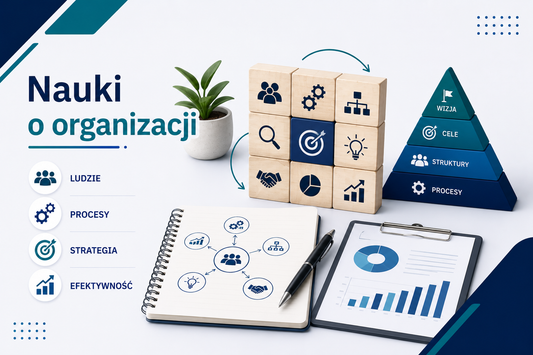 Grafika edukacyjna przedstawiająca tytuł 'Nauki o organizacji', z 3D blokami symbolizującymi ludzi, procesy i cele strategiczne, ikonami kluczowych elementów organizacyjnych, notatnikiem z mapą procesów i wykresem słupkowym, minimalistyczna, profesjonalna estetyka, kolorystyka niebiesko-seledynowa.