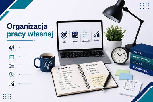 Grafika edukacyjna przedstawiająca tytuł 'Organizacja pracy własnej', z laptopem pokazującym cel, plan, działanie i efekt, otoczony notatnikiem z planem dnia i priorytetami, kubkiem kawy, zegarem, rośliną, książkami 'Planuj', 'Priorytetyzuj', 'Działaj', 'Rozwijaj się', ikonami produktywności i efektywności, minimalistyczny i profesjonalny styl, kolorystyka niebiesko-seledynowa.