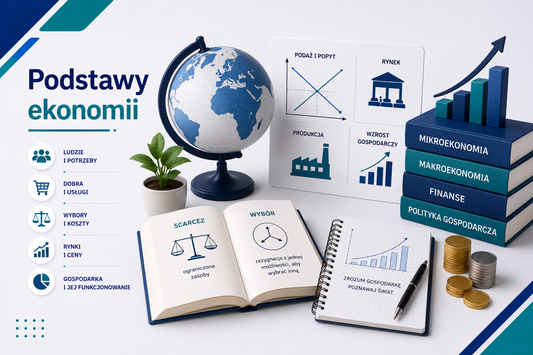 Grafika edukacyjna przedstawiająca tytuł 'Podstawy ekonomii', z globem 3D, książkami oznaczonymi: Mikroekonomia, Makroekonomia, Finanse, Polityka Gospodarcza, notatnikiem z wykresami i objaśnieniami pojęć: rzadkość, wybór, rynek, ceny, wzrost gospodarczy, ikonami przedstawiającymi ludzi, potrzeby, dobra i usługi, wybory i koszty oraz funkcjonowanie gospodarki.