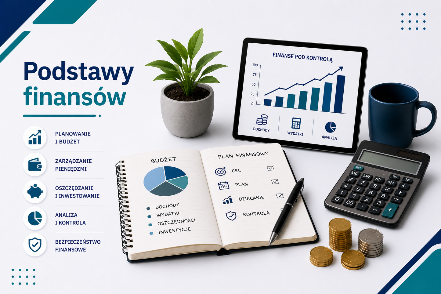 Grafika edukacyjna przedstawiająca tytuł 'Podstawy finansów', z laptopem wyświetlającym wykresy finansowe, notatnikiem z planem finansowym i budżetem, kalkulatorem, monetami ułożonymi w stosy, kubkiem, ikonami kluczowych pojęć: planowanie i budżet, zarządzanie pieniędzmi, oszczędzanie i inwestowanie, analiza i kontrola, bezpieczeństwo finansowe, minimalistyczny, profesjonalny styl z akcentami niebieskiego i seledynu.