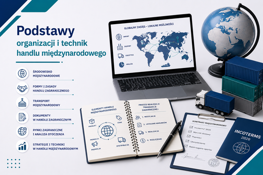 Grafika edukacyjna przedstawiająca tytuł 'Podstawy organizacji i technik handlu międzynarodowego', z laptopem wyświetlającym mapę tras handlowych, globem 3D, statkiem kontenerowym, kontenerami, notatnikiem z elementami handlu międzynarodowego: produkt, cena, promocja, dystrybucja, proces realizacji transakcji, kontraktem międzynarodowym, ikonami importu, eksportu, logistyki i analizy rynku.