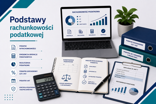 Grafika edukacyjna przedstawiająca tytuł 'Podstawy rachunkowości podatkowej', z laptopem wyświetlającym wykresy i raporty podatkowe, kalkulatorem, notatnikiem z planem księgowania podatków, segregatorami z etykietami CIT/PIT i VAT, ikonami kluczowych zagadnień: ewidencja operacji, rozliczenia, deklaracje, kontrola podatkowa i bezpieczeństwo, minimalistyczny profesjonalny styl z akcentami niebieskiego i seledynu.
