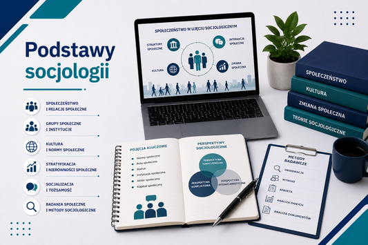 Grafika edukacyjna przedstawiająca tytuł 'Podstawy socjologii', z laptopem wyświetlającym schematy społeczne i interakcje, globem, książkami 'Społeczeństwo', 'Kultura', 'Zmiana społeczna', notatnikiem z pojęciami socjologicznymi: normy społeczne, role, status, aktor społeczny, kapitał społeczny, ikonami kluczowych metod badawczych: obserwacja, wywiad, ankieta, analiza danych i dokumentów, minimalistyczny profesjonalny styl z akcentami niebieskiego i seledynu.