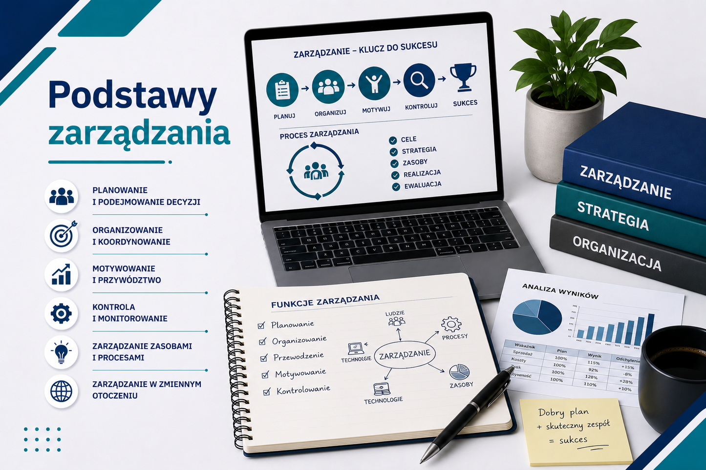 Grafika edukacyjna przedstawiająca tytuł 'Podstawy socjologii', z laptopem wyświetlającym schematy społeczne i interakcje, globem, książkami 'Społeczeństwo', 'Kultura', 'Zmiana społeczna', notatnikiem z pojęciami socjologicznymi: normy społeczne, role, status, aktor społeczny, kapitał społeczny, ikonami kluczowych metod badawczych: obserwacja, wywiad, ankieta, analiza danych i dokumentów, minimalistyczny profesjonalny styl z akcentami niebieskiego i seledynu.