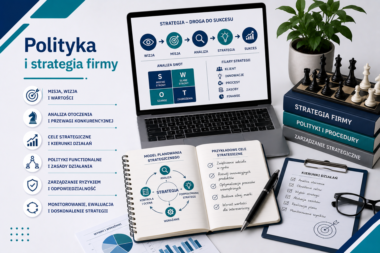 Grafika edukacyjna przedstawiająca tytuł 'Polityka i strategia firmy', z laptopem wyświetlającym strategię i drogę do sukcesu, analizę SWOT, notatnikiem z przykładowymi celami strategicznymi, książkami: 'Strategia firmy', 'Polityki i procedury', 'Zarządzanie strategiczne', ikonami kluczowych elementów: wizja, misja, analiza, strategia, sukces, oraz szachownicą symbolizującą planowanie i podejmowanie decyzji strategicznych.