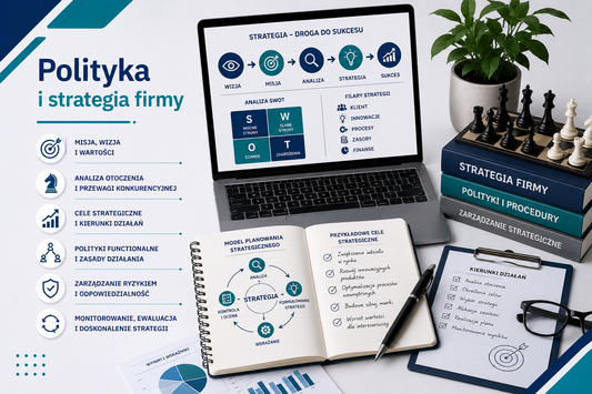 Grafika edukacyjna przedstawiająca tytuł 'Polityka i strategia firmy', z laptopem wyświetlającym strategię i drogę do sukcesu, analizę SWOT, notatnikiem z przykładowymi celami strategicznymi, książkami: 'Strategia firmy', 'Polityki i procedury', 'Zarządzanie strategiczne', ikonami kluczowych elementów: wizja, misja, analiza, strategia, sukces, oraz szachownicą symbolizującą planowanie i podejmowanie decyzji strategicznych.