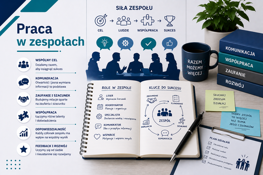 Grafika edukacyjna przedstawiająca tytuł 'Praca w zespołach', z laptopem i notatnikiem pokazującymi role w zespole: lider, koordynator, specjalista, komunikator, wsparcie, wykresy i diagramy pokazujące cele, współpracę i sukces zespołu, ikonami: cel, ludzie, współpraca, sukces, żetony post-it z zasadami: słuchaj, zrozum, działaj, profesjonalny minimalistyczny styl, kolorystyka niebiesko-seledynowa.