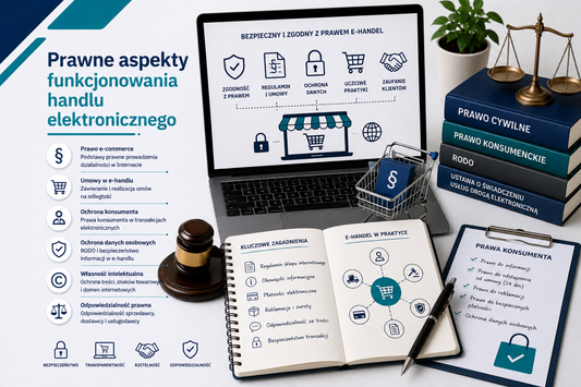 Grafika edukacyjna przedstawiająca tytuł 'Prawne aspekty funkcjonowania handlu elektronicznego', z laptopem wyświetlającym zasady bezpiecznego e-handlu, notatnikiem z listą kluczowych zagadnień: regulamin sklepu, obowiązki informacyjne, płatności elektroniczne, reklamacje i zwroty, odpowiedzialność za treści, oraz ikonami: zgodność z prawem, ochrona danych, uczciwe praktyki i zaufanie klientów, obok stos książek prawniczych i młotek sędziowski, minimalistyczny profesjonalny styl z akcentami niebieskiego i s