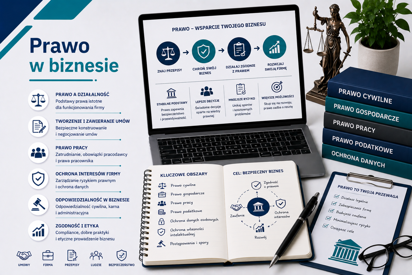 Grafika edukacyjna przedstawiająca tytuł 'Prawo w biznesie', z laptopem wyświetlającym prezentację legalności działań firmy, książkami: Prawo cywilne, Prawo gospodarcze, Prawo pracy, Prawo podatkowe, Ochrona danych, ikonami: znajomość przepisów, ochrona interesów, działanie zgodnie z prawem, rozwój firmy, notatnikiem z celami bezpiecznego biznesu, kalkulatorem, monetami i młotkiem sędziowskim, minimalistyczny profesjonalny styl, kolorystyka niebiesko-seledynowa.
