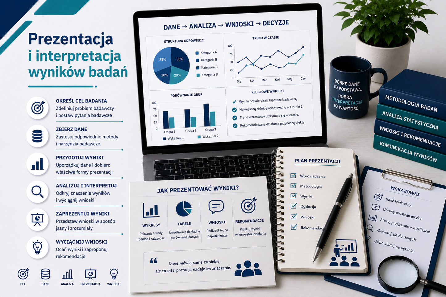 Grafika edukacyjna przedstawiająca tytuł 'Prezentacja i interpretacja wyników badań', z laptopem wyświetlającym wykresy kołowe, liniowe i słupkowe, notatnikiem z planem prezentacji wyników, dokumentami badawczymi, ikonami kluczowych etapów: dane, analiza, wnioski, decyzje, checklistą prezentacyjną, profesjonalny minimalistyczny styl, kolorystyka niebiesko-seledynowa.