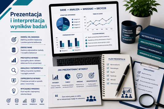 Grafika edukacyjna przedstawiająca tytuł 'Prezentacja i interpretacja wyników badań', z laptopem wyświetlającym wykresy kołowe, liniowe i słupkowe, notatnikiem z planem prezentacji wyników, dokumentami badawczymi, ikonami kluczowych etapów: dane, analiza, wnioski, decyzje, checklistą prezentacyjną, profesjonalny minimalistyczny styl, kolorystyka niebiesko-seledynowa.
