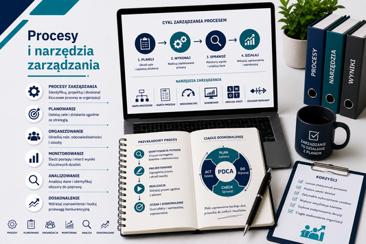 Grafika edukacyjna przedstawiająca tytuł 'Procesy i narzędzia zarządzania', z laptopem wyświetlającym cykl zarządzania procesem: planuj, wykonaj, sprawdź, działaj (PDCA), notatnikiem z przykładowym procesem, diagramami, ikonami narzędzi zarządzania: mapa procesów, karta procesu, wskaźniki KPI, dashboard, analiza SWOT, diagram Ishikawy, segregatorami oznaczonymi 'Procesy', 'Narzędzia', 'Wyniki', profesjonalny minimalistyczny styl z akcentami niebieskiego i seledynu.