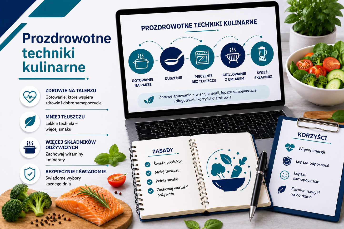 Grafika edukacyjna przedstawiająca tytuł 'Prozdrowotne techniki kulinarne', z laptopem wyświetlającym kluczowe metody gotowania: gotowanie na parze, duszenie, pieczenie, grillowanie, blendowanie, wokół świeże warzywa i owoce, deski do krojenia, miski i podstawowe narzędzia kuchenne, minimalistyczny profesjonalny styl, kolorystyka niebiesko-seledynowa.