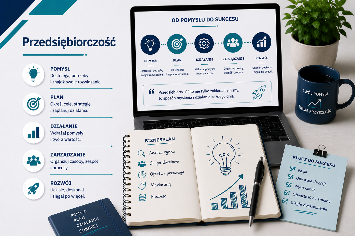 Grafika edukacyjna przedstawiająca tytuł 'Przedsiębiorczość', z laptopem pokazującym cykl: pomysł, plan, działanie, zarządzanie i rozwój, notatnikiem z planem biznesowym: analiza rynku, grupa docelowa, oferta i przewaga, marketing, finanse, kubkiem z napisem 'Twój pomysł – Twoja przyszłość', ikonami kluczowych etapów przedsiębiorczości: kreatywność, strategia, wykonanie, zarządzanie zespołem i rozwój biznesu, profesjonalny minimalistyczny styl z akcentami niebieskiego i seledynu.