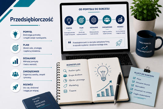 Grafika edukacyjna przedstawiająca tytuł 'Przedsiębiorczość', z laptopem pokazującym cykl: pomysł, plan, działanie, zarządzanie i rozwój, notatnikiem z planem biznesowym: analiza rynku, grupa docelowa, oferta i przewaga, marketing, finanse, kubkiem z napisem 'Twój pomysł – Twoja przyszłość', ikonami kluczowych etapów przedsiębiorczości: kreatywność, strategia, wykonanie, zarządzanie zespołem i rozwój biznesu, profesjonalny minimalistyczny styl z akcentami niebieskiego i seledynu.