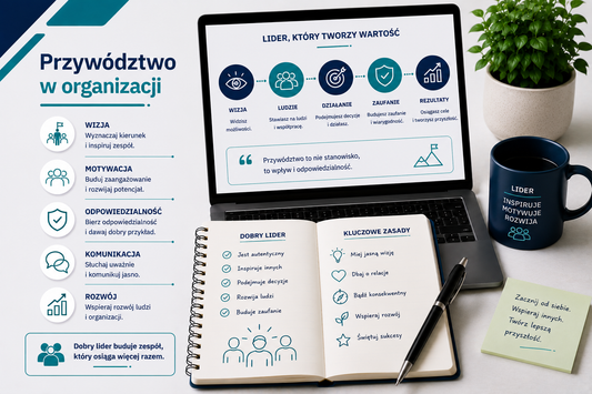 "Grafika edukacyjna przedstawiająca tytuł 'Przywództwo w organizacji', z laptopem pokazującym wizję, ludzi, działanie, zaufanie i rezultaty, notatnikiem z zasadami dobrego lidera: autentyczność, inspiracja, podejmowanie decyzji, rozwój ludzi, budowanie zaufania, ikonami kluczowych zasad przywództwa, kubkiem z napisem 'Lider inspiruje, motywuje, rozwija', minimalistyczny profesjonalny styl, kolorystyka niebiesko-seledynowa.
