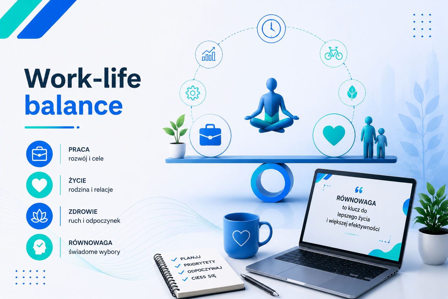 Grafika edukacyjna przedstawiająca koncepcję work-life balance, z centralnym symbolem równowagi przedstawionym jako waga, na której znajdują się elementy pracy, życia prywatnego, zdrowia i odpoczynku, laptopem, ikonami aktywności oraz spokojną postacią w pozycji medytacyjnej, w minimalistycznym stylu niebiesko-seledynowym.