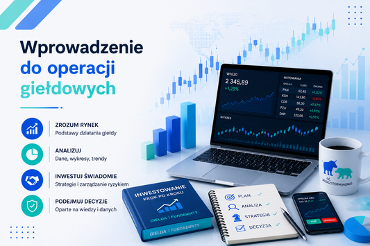Grafika edukacyjna przedstawiająca tytuł ‘Wprowadzenie do operacji giełdowych’, z laptopem wyświetlającym notowania giełdowe, wykresy cen, trendy rynkowe oraz wskaźniki finansowe, obok notatnik inwestycyjny i ikony analizy rynku, inwestowania i podejmowania decyzji finansowych, w nowoczesnym minimalistycznym stylu niebiesko-seledynowym