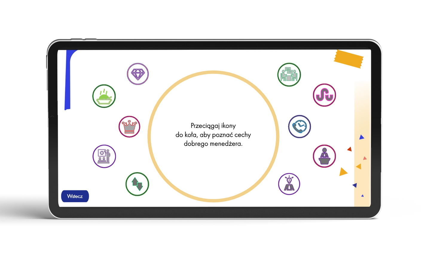 tablet ze screen'em ekranu ze szkolenia menedżerskiego na ekranie widoczne są ikony oraz polecenie zadania
