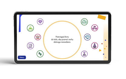 tablet ze screen'em ekranu ze szkolenia menedżerskiego na ekranie widoczne są ikony oraz polecenie zadania
